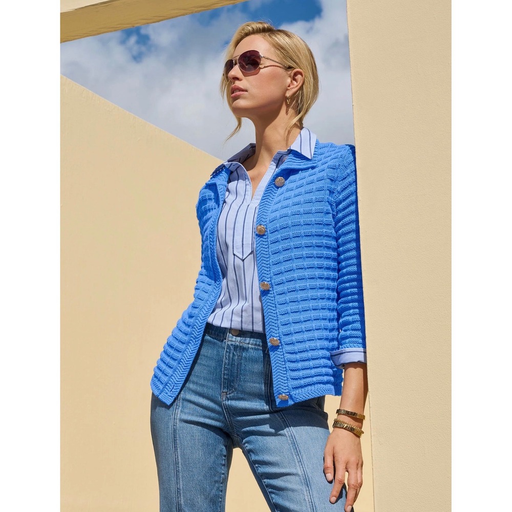Talbots Plus Blue Cotton Basketweave Knit Cardigan Gold Crest Button Sweater 2X